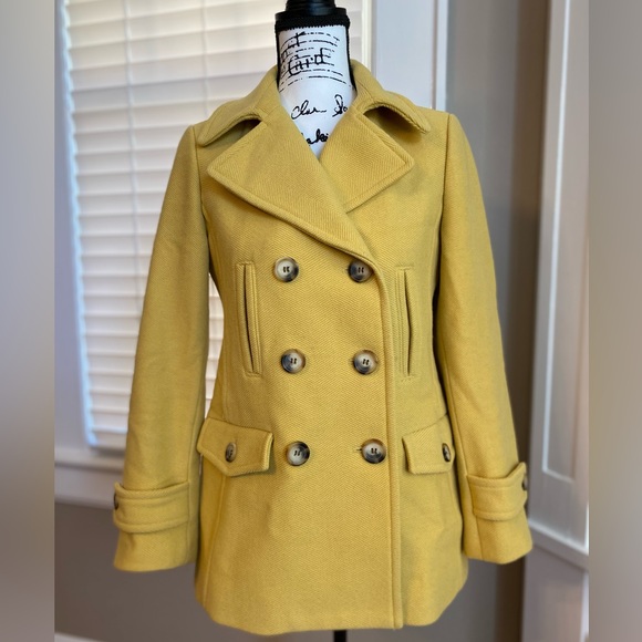 Talbots Yellow Mustard Double Breasted Herringbone Wool Peacoat Size Petite 4P - Picture 1 of 10